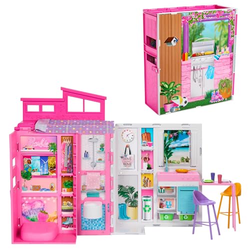 Barbie-Puppenhaus Spielset, Ferienhaus mit 4 Spielbereichen, darunter Küche, Badezimmer, Schlafzimmer und Lounge, 11 Deko-Zubehörteile, HRJ76 von Barbie