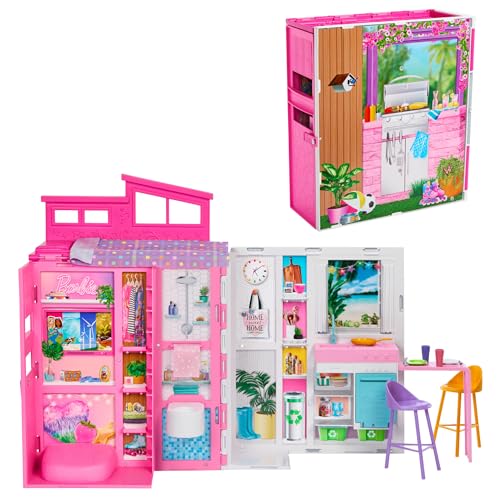 Barbie-Puppenhaus Spielset, Ferienhaus mit 4 Spielbereichen, darunter Küche, Badezimmer, Schlafzimmer und Lounge, 11 Deko-Zubehörteile, HRJ76 Barbie-Puppenhaus Spielset, Ferienhaus mit 4 Spielbereichen, darunter Küche, Badezimmer, Schlafzimmer und Lounge, 11 Deko-Zubehörteile, HRJ76 von Barbie
