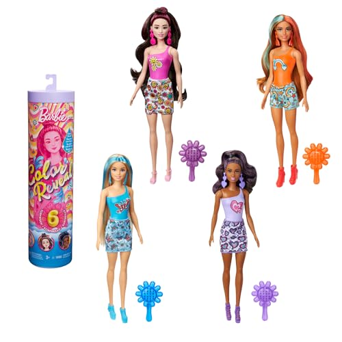BARBIE Color Reveal Puppensortiment - 6 Überraschungen, psychedelisches rosa Color-Reveal-Muster, Kleidung, Accessoires und Flower-Power-Bürste, für Kinder ab 3 Jahren, HRK06 von Barbie