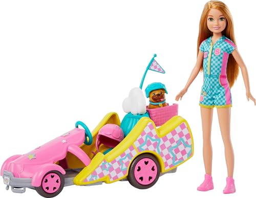 Barbie und jüngere Schwester Stacie - Gokart Abenteuer Spielset mit praktischem Hundekorb zum Anbringen des Hündchen, Stickerbogen für Gestaltung des pinken Helms, für Kinder ab 3 Jahren, HRM08 von Barbie