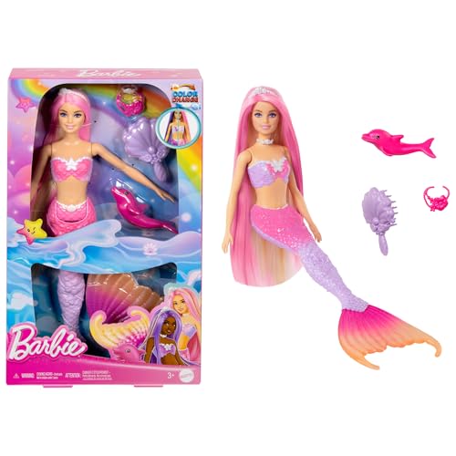 BARBIE Meerjungfrau-Puppe - Inspiriert von der Fernsehserie "Barbie Ein verborgener Zauber", mit Farbwechseleffekt und Zubehör, 19 cm lange pinke Haare zum Stylen, für Kinder ab 3 Jahren, HRP97 von Barbie