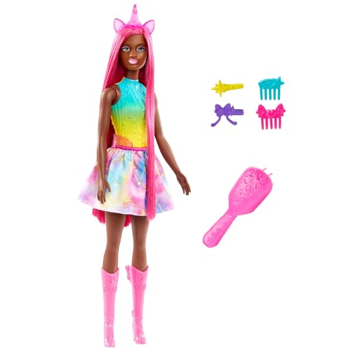 Barbie Einhorn-Puppe mit ca. 18 cm Langen, magentafarbenen Fantasy-Haaren und bunten Accessoires zum Stylen wie einem Einhorn-Haarreifen und -Schwanz, HRR01 von Barbie
