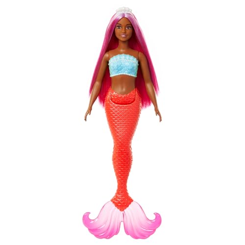 Barbie Meerjungfrau-Puppe mit fantasievollem magentafarbenem Haar und Haarband, kurvigem Körperbau, Muscheloberteil und Schwanzflosse in tropischem Rot, HRR04 von Barbie