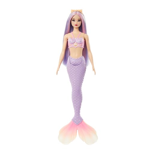 Barbie Meerjungfrau-Puppe mit fantasievollem Haar in Pink und Flieder mit Haarband, Puppe mit Muscheloberteil und lavendelblauer Schwanzflosse, HRR06 von Barbie