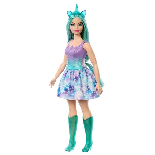 Barbie Einhorn Puppen mit bunten Fantasiehaaren, Outfits mit Farbverlauf und Fantasy-Accessoires rund um das Thema Einhorn, HRR15 von Barbie