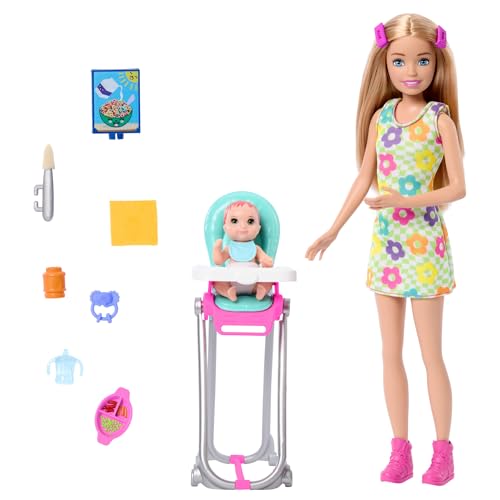 Barbie Skipper-Puppe und Spielset mit Accessoires, Babysitting-Set zum Thema Essen, Spielzeug mit Farbwechseleffekt, HTK35 von Barbie