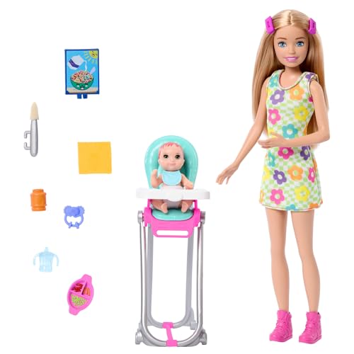Barbie Skipper-Puppe und Spielset mit Accessoires, Babysitting-Set zum Thema Essen, Spielzeug mit Farbwechseleffekt, HTK35 Barbie Skipper-Puppe und Spielset mit Accessoires, Babysitting-Set zum Thema Essen, Spielzeug mit Farbwechseleffekt, HTK35 von Barbie