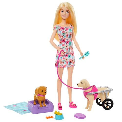 Barbie Hundeduo - Barbie-Puppe und Zubehör, inklusive Hündchen und großem Hund mit Rollstuhl, Leine, Fressnapf, Tierbett und Knochenleckerlis, für Kinder ab 3 Jahren, HTK37 von Barbie