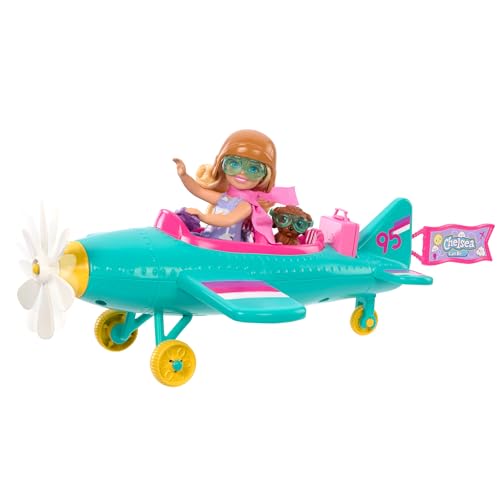 Barbie Chelsea Flugzeug Puppe und Spielset - Pilotenpuppe, Flugzeug, Hündchen und Zubehör für Geschichtenerzählen, rollende Räder und blumenförmiger Propeller, ab 3 Jahren, HTK38 von Barbie