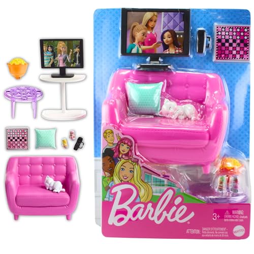 Barbie Indoor Furniture Playset, Living Room Includes Kitten, Furniture and Accessories for Movie and Game Night von Barbie