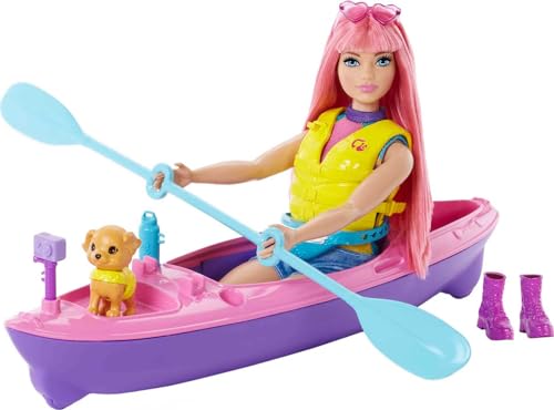 Barbie Camping Serie, Barbie-Puppe mit rosa Haaren, Kajak, Welpe, Schwimmweste, Barbie Accessoires, inkl. Barbie-Puppe, Geschenk für Kinder, Spielzeug ab 3 Jahre von Barbie