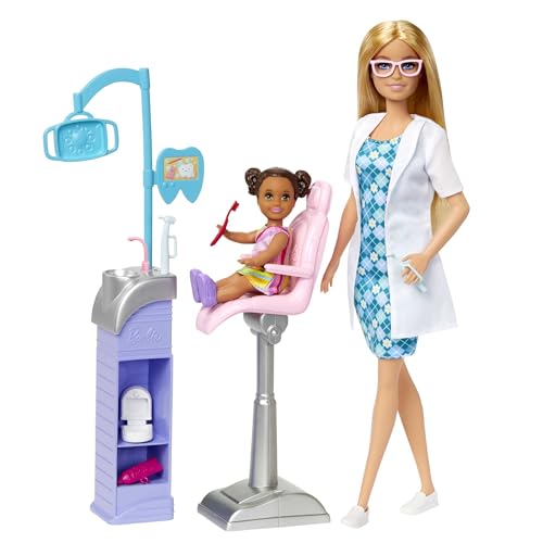 Barbie Zahnärztin-Puppe - Zahnarztpraxis-Spielset mit 2 Puppen, Behandlungsstuhl, Instrumentenwagen und Zubehörteilen für EIN strahlendes Lächeln und grenzenlosen Spielspaß, HKT69 von Barbie