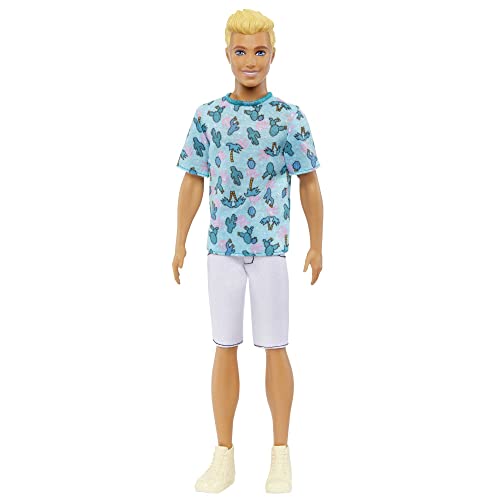 BARBIE Ken Fashionistas Puppe - T-Shirt mit Kaktus- und Palmenaufdruck, weiße Shorts und hohe Turnschuhe, perfekt für Abenteuer mit Freunden und Stadtbummel, für Kinder ab 3 Jahren, HJT10 von Barbie