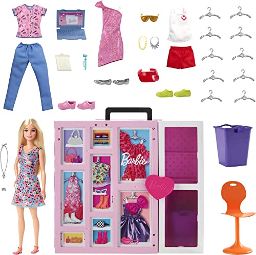 Barbie-Kleiderschrank Kleidung Und Accessoires, Mit Klapptüren Und Tragegriff, Inkl Puppe Mit Blonden Haaren, Geschenke Für Kinder Ab 3 Jahren,HGX57 Barbie-Kleiderschrank Kleidung Und Accessoires, Mit Klapptüren Und Tragegriff, Inkl Puppe Mit Blonden Haaren, Geschenke Für Kinder Ab 3 Jahren,HGX57 von Barbie
