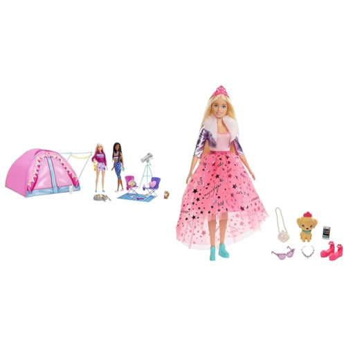 Barbie Let's Go Camping Zelt & GML76 - Prinzessinnen-Abenteuer Puppe mit Mode (ca. 30 cm), blond, Puppe mit Hündchen, 2 Paar Schuhe, Diadem und 4 Accessoires, für Kinder von 3 bis 7 Jahren von Barbie