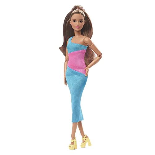 Barbie Looks Puppe - Brünett, Knielanges One-Shoulder-Kleid im Colorblock-Stil, Bewegliche Körperform, Stylen und Posen, Mode-Sammelfiguren, für Kinder ab 3 Jahren, HJW82 von Barbie