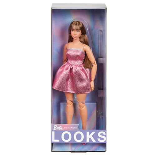 Barbie Looks Puppe, Sammelfigur Nr. 24 mit braunen Haaren und moderner Y2K-Mode, schimmerndes trägerloses Kleid mit Peeptoe-High-Heels, HRM16 von Barbie
