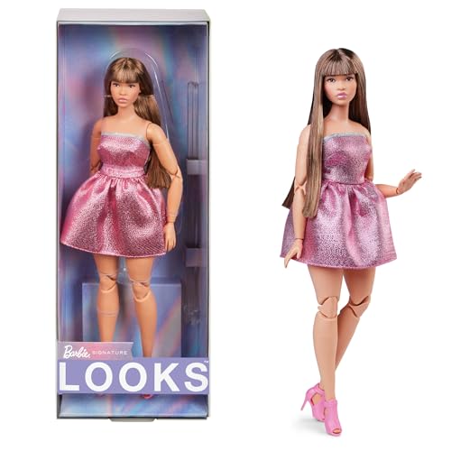 Barbie Looks Puppe, Sammelfigur Nr. 24 mit braunen Haaren und moderner Y2K-Mode, schimmerndes trägerloses Kleid mit Peeptoe-High-Heels, HRM16 von Barbie