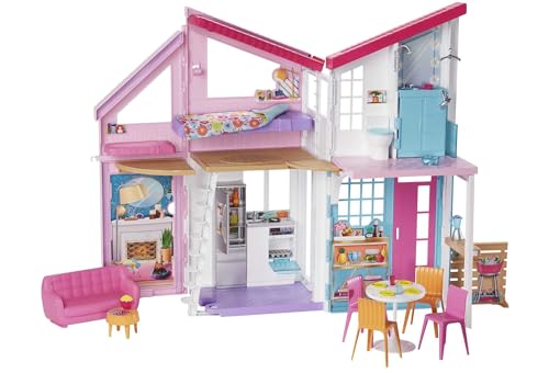 Barbie Malibu Haus, zweistöckige Traumvilla, mit 6 Zimmern, 25 Zubehör, Puppen, als Geschenk für Kinder ab 3 Jahren geeignet, FXG57 von Barbie