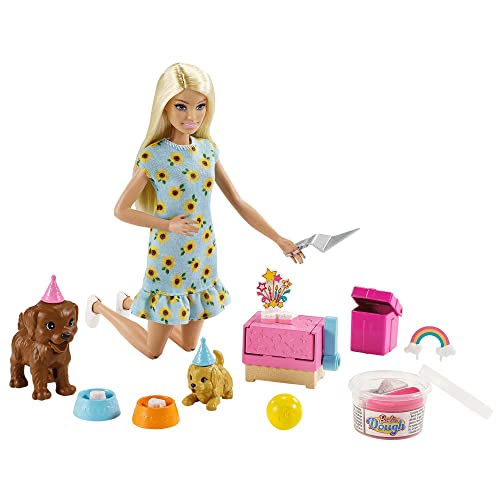 Barbie Welpenparty, Barbiepuppe mit blonden Haaren, Zwei Hundewelpen, Knetmasse für Hundekuchen, Zubehör, Geburtstagszubehör, Geschenk für Kinder, Spielzeug ab 3 Jahre,GXV75 von Barbie