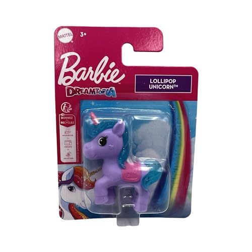 Barbie Mattel HFG34 Dreamtopia Lollipop Unicorn Glitzer Mähne Mini Einhorn Spielfigur für Kinder 5 cm Lila Klein von Barbie