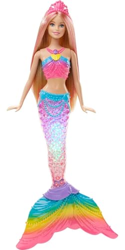 Barbie Meerjungfrau, Barbie Dreamtopia, Barbie Puppe in Regenbogen Farben mit Lichtershow, Spielzeug Badewanne, Spielzeug ab 3 Jahren, DHC40 von Barbie