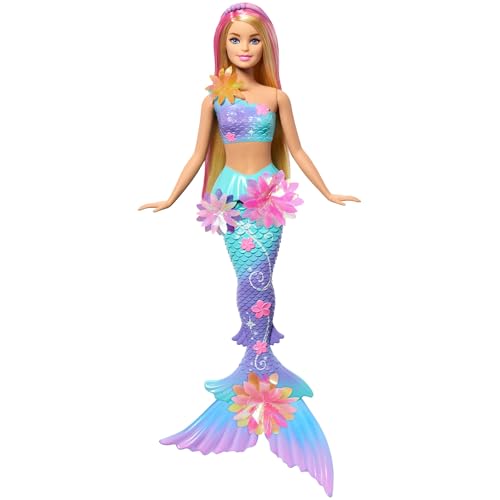 Barbie Meerjungfrauen-Spielzeugpuppe mit magischer Überraschungsblüte, Schwanzflosse mit Farbverlauf, perlenbesetztem Haarreif und langem blonden Haar mit rosa Strähchen, JDM72 von Barbie
