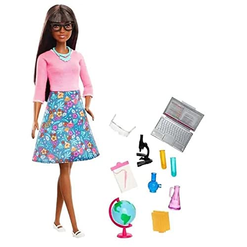 Barbie Berufe Puppe Lehrer, braun, mit 10 Lernzubehör, drehbarer Globus und Laptop, Spielzeug für Kinder, GDJ35 von Barbie