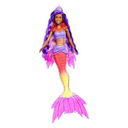 Barbie Mermaid Power, Meerjungfrau Barbiepuppe, Schwarze Barbiepuppe mit rosa und lila Haaren, Meerjungfrauenschwanz mit austauschbaren Flossen, Zubehör, Geschenk für Kinder ab 3 Jahre,HHG53 von Barbie