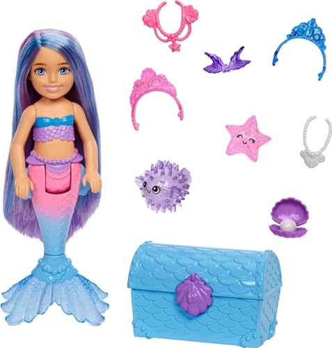 Barbie Mermaid Power, Chelsea Puppe, Meerjungfrau Puppe, Chelsea mit blauem & lila Haar, Krone, Meerjungfrauenschwanz, Zubehör, Geschenk für Kinder ab 3 Jahre,HHG57 von Barbie
