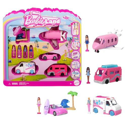 Barbie Mini Barbie Land 4er-Set Puppen- und Spielzeugfahrzeugset mit 4 ca. 3,8 cm großen Barbie-Puppen und 4 kultigen Spielzeugfahrzeugen mit überraschendem Farbwechsel, JGL30 von Barbie