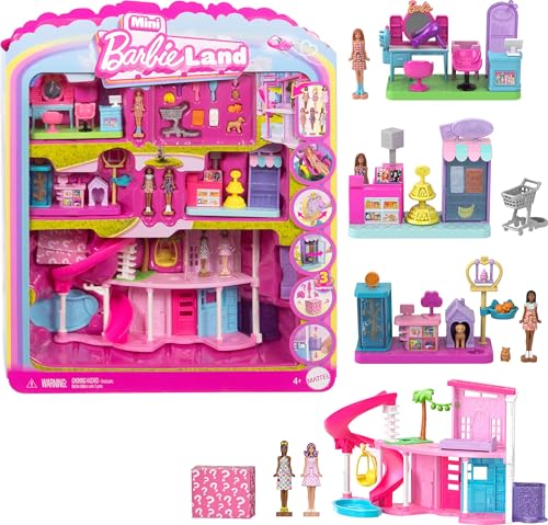 Barbie Mini Barbie Land Traumvilla und 3 Spielsets mit 4 ca. 3,8 cm großen Puppen, Puppenhausmöbeln und -zubehör, enthält Tierhandlung, Friseursalon und Supermarkt, JGL31 Barbie Mini Barbie Land Traumvilla und 3 Spielsets mit 4 ca. 3,8 cm großen Puppen, Puppenhausmöbeln und -zubehör, enthält Tierhandlung, Friseursalon und Supermarkt, JGL31 von Barbie