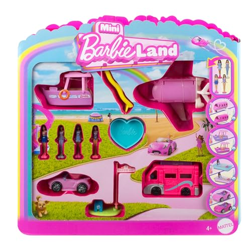 Barbie Mini BarbieLand 4er-Set Puppen- und Spielzeugfahrzeugset mit 4 ca. 3,8 cm großen Puppen und 4 kultigen Spielzeugfahrzeugen mit überraschendem Farbwechsel, JDB85 von Barbie