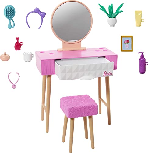 Barbie Mobilier HJV35 Barbie Puppenhaus-Möbel-Set mit Eitelkeits-Thema, Spiegel, Hocker und Beauty-Produkte Barbie Mobilier HJV35 Barbie Puppenhaus-Möbel-Set mit Eitelkeits-Thema, Spiegel, Hocker und Beauty-Produkte von Barbie