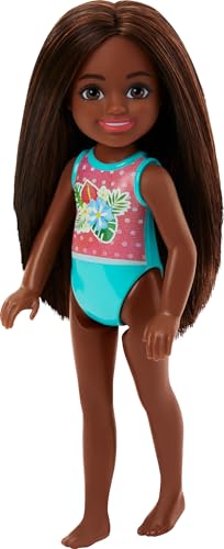 Barbie Chelsea Kleine Puppe mit gestreiftem Badeanzug und Blumenmuster, braunes Haar und braunen Augen von Barbie