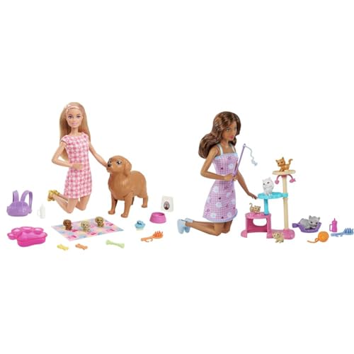 Barbie Newborn Pups Playset, Puppe mit blonden Haaren, Hundeset & Kitty Condo Spielset, braunen Haaren, 5 Kätzchen, Katzenspielzeug Barbie Newborn Pups Playset, Puppe mit blonden Haaren, Hundeset & Kitty Condo Spielset, braunen Haaren, 5 Kätzchen, Katzenspielzeug von Barbie