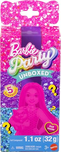 Barbie Party Unboxed Chelsea-Puppenset, Glam Party Serie mit 6 Überraschungen, einschließlich Haustier und Farbwechsel (Stile können abweichen), JFY04 von Barbie