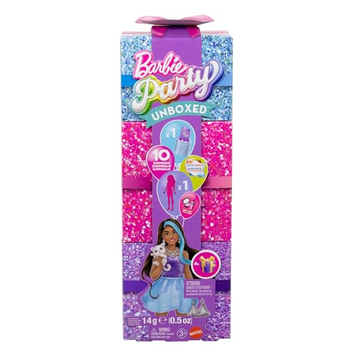 Barbie Party Unboxed Puppe und Accessoires, Glam Party Serie mit 10 Überraschungen, darunter eine Violette glitzernde Puppe mit Farbwechseleffekt, JFY66 von Barbie