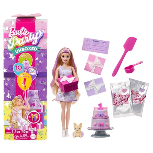Barbie Party Unboxed Puppe und Accessoires, Haustier-Geburtstagsserie, Birthday Bows-Set mit 10 Überraschungen inklusive Farbwechseleffekt und Kuchendekoration, JFG70 Barbie Party Unboxed Puppe und Accessoires, Haustier-Geburtstagsserie, Birthday Bows-Set mit 10 Überraschungen inklusive Farbwechseleffekt und Kuchendekoration, JFG70 von Barbie