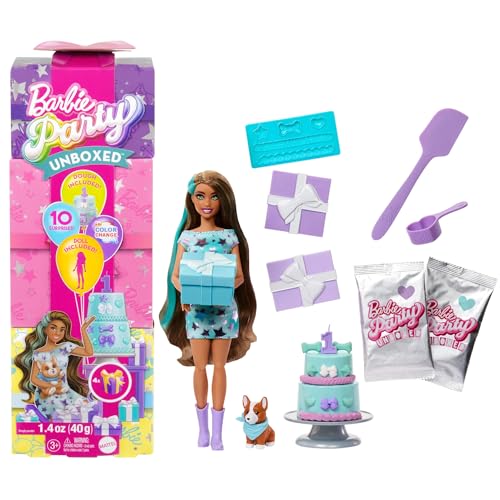 Barbie Party Unboxed Puppe und Accessoires, Haustier-Geburtstagsserie, Party Stars-Set mit 10 Überraschungen inklusive Farbwechseleffekt und Kuchendekoration, JFG72 Barbie Party Unboxed Puppe und Accessoires, Haustier-Geburtstagsserie, Party Stars-Set mit 10 Überraschungen inklusive Farbwechseleffekt und Kuchendekoration, JFG72 von Barbie