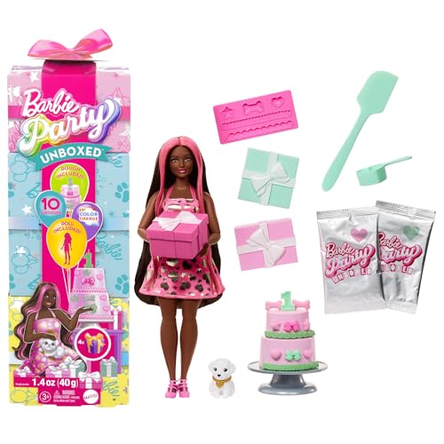 Barbie Party Unboxed Puppe und Accessoires, Haustier-Geburtstagsserie, Shimmerin’ Hearts-Set mit 10 Überraschungen, inklusive Farbwechseleffekt und Kuchendekoration, JFG71 Barbie Party Unboxed Puppe und Accessoires, Haustier-Geburtstagsserie, Shimmerin’ Hearts-Set mit 10 Überraschungen, inklusive Farbwechseleffekt und Kuchendekoration, JFG71 von Barbie