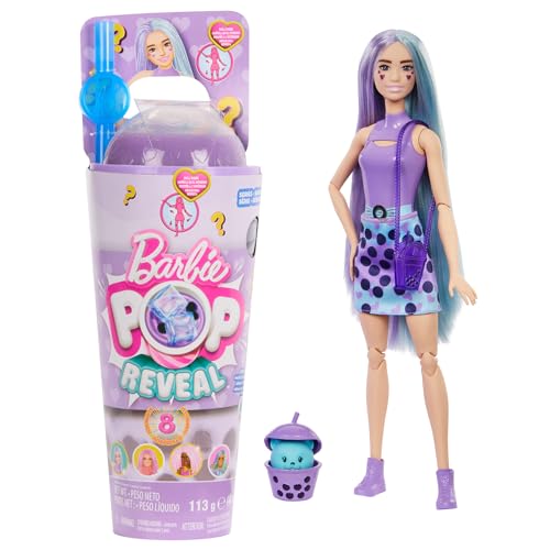 Barbie Pop Reveal Bubble Tea Serie Puppe und Accessoires, duftende Taro-Milk-Modepuppe mit Haustier, 8 Überraschungen, darunter Farbwechsel, Becher zur Aufbewahrung, HTJ19 von Barbie