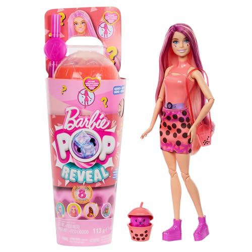 Barbie Pop Reveal Bubble Tea Serie Puppe und Zubehör, duftende Mango-Mochi-Modepuppe mit Haustier, 8 Überraschungen, darunter Farbwechsel, Becher zur Aufbewahrung, HTJ22 Barbie Pop Reveal Bubble Tea Serie Puppe und Zubehör, duftende Mango-Mochi-Modepuppe mit Haustier, 8 Überraschungen, darunter Farbwechsel, Becher zur Aufbewahrung, HTJ22 von Barbie