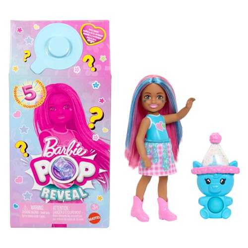Barbie Pop Reveal Chelsea-Puppe, Shakes-Serie, mit 5 Überraschungen, darunter eine duftende kleine Puppe, Pop-it-Haustier und Farbwechsel (Stile können abweichen), JCN89 von Barbie