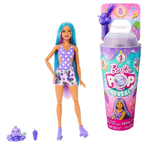 Barbie Pop Reveal Fruit - Puppe mit violetten Haaren im Grapefruitduft, 8 Überraschungen, duftendes Squishy-Hündchen, Farbwechsel im Haar und Make-up, für Kinder ab 3 Jahren, HNW44 von Barbie