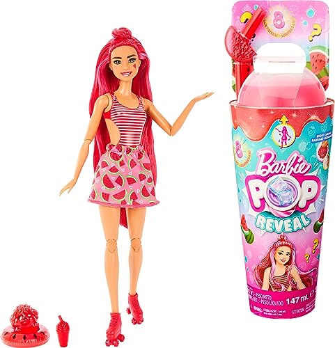 Barbie Pop Reveal Fruit - Puppe mit roten Haaren im Wassermelonenduft, 8 Überraschungen, duftendes Squishy-Hündchen, Farbwechsel im Haar und Make-up, für Kinder ab 3 Jahren, HNW43 von Barbie