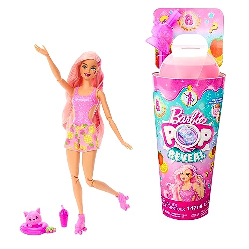 Barbie Pop Reveal Fruit - Überraschungspuppen mit 8 fruchtigen Überraschungen, inklusive beweglicher Puppe mit Erdbeerlimonadenduft und Squishy-Hündchen, ab 3 Jahren, HNW41 von Barbie