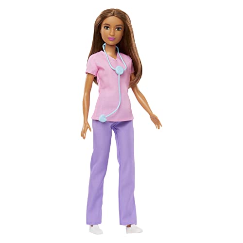Barbie Professionelle Doktor-Modepuppe mit rosa Oberteil und lila Hose, weißen Schuhen und Stethoskop-Zubehör von Barbie