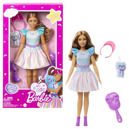 Barbie-Puppe, Meine erste Barbie mit braunem Haar, Barbie-Accessoires, Schuhe, Bürste und mehr, Soft-Touch-Körper, 1 Barbie-Puppe enthalten, Geschenk für Kinder ab 3 Jahren,HLL21 von Barbie