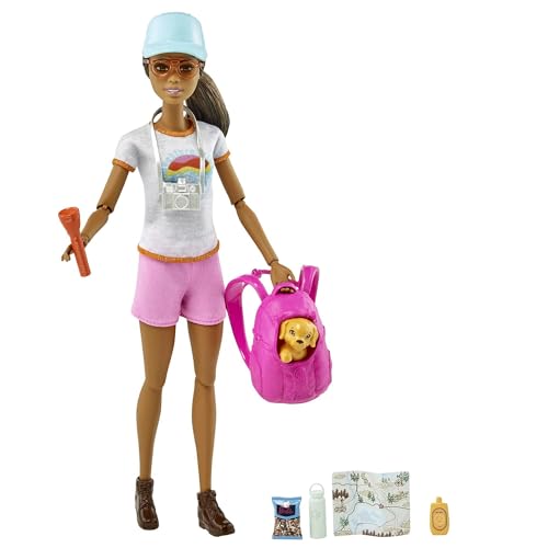 Barbie-Puppe, Wander, Wander-Set, Zubehör, Hut, Sonnenbrille, Taschenlampe, Karte, Fotoapparat, Welpe, inkl Puppe, Geschenk für Kinder, Spielzeug ab 3 Jahre,HNC39 von Barbie